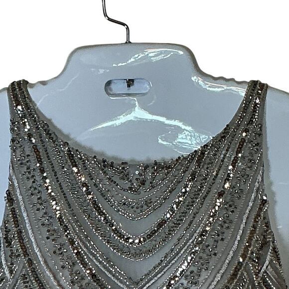 Betsy & Adam Metallic Beaded Chiffon Long Evening Gown Grey Women Size 16 NWT - Picture 4 of 13
